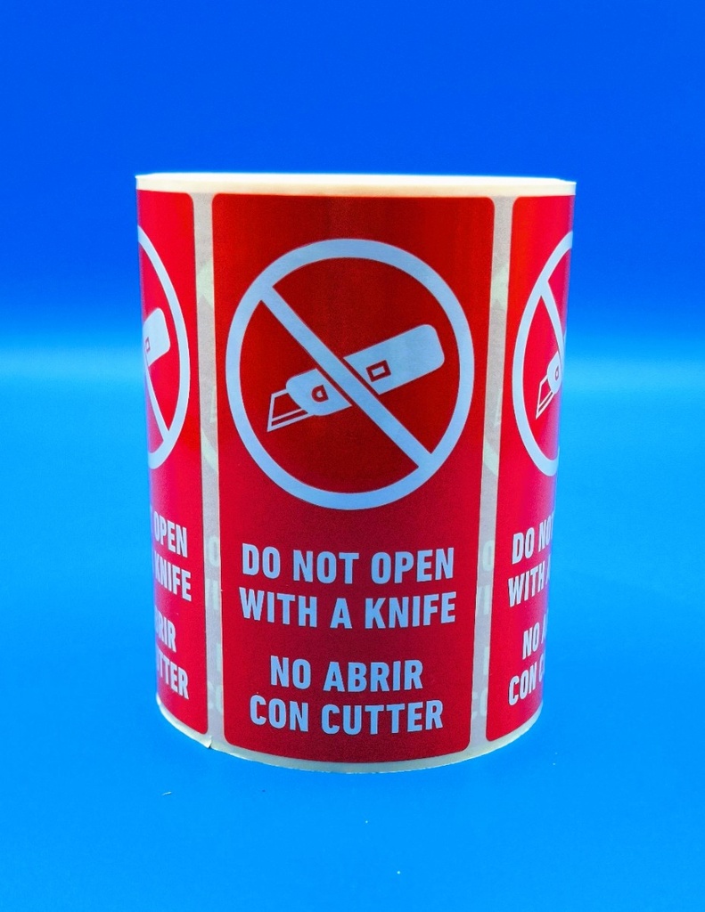 ETIQUETA ADHESIVA "NO ABRIR CON CUTTER" - 100x50 mm - Bobina de 500 uds (ok)